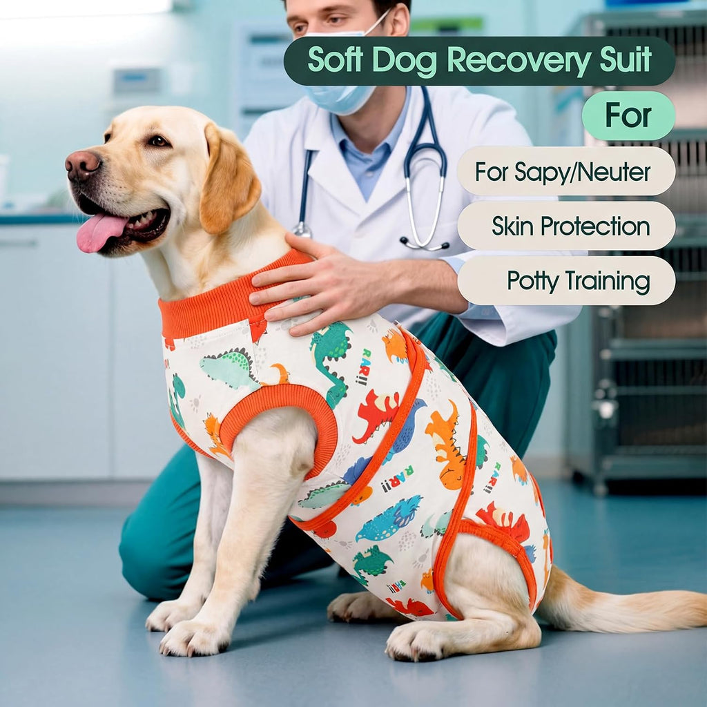 Side view of pet wearing Kuoser dinosaur recovery onesie