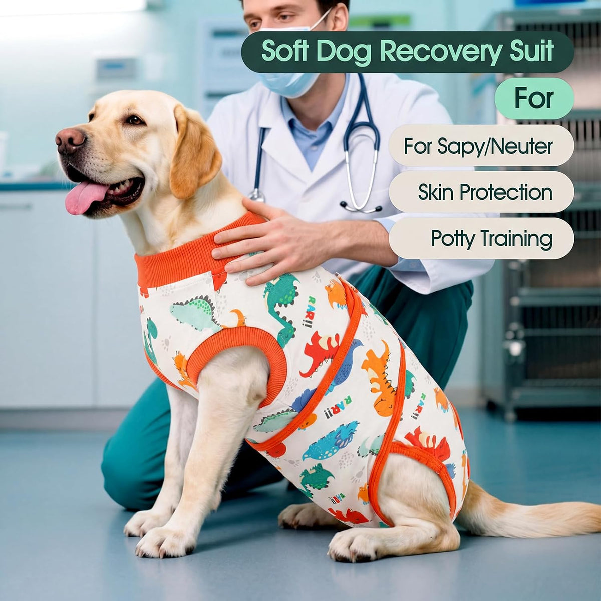 Side view of pet wearing Kuoser dinosaur recovery onesie
