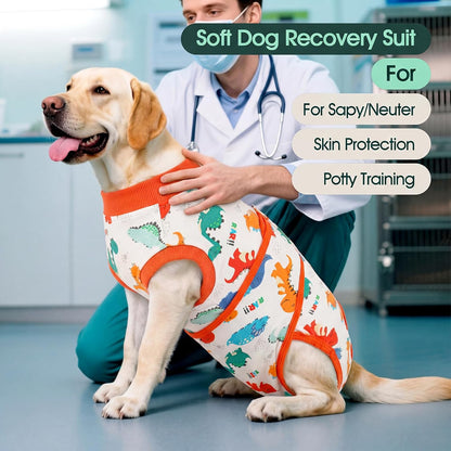 Side view of pet wearing Kuoser dinosaur recovery onesie