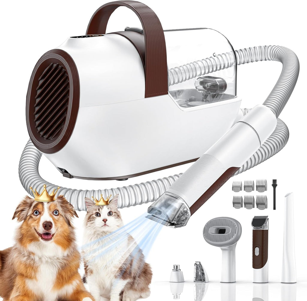 Ozumek dog grooming vacuum kit front view showing the mushroom color main unit and six accessories