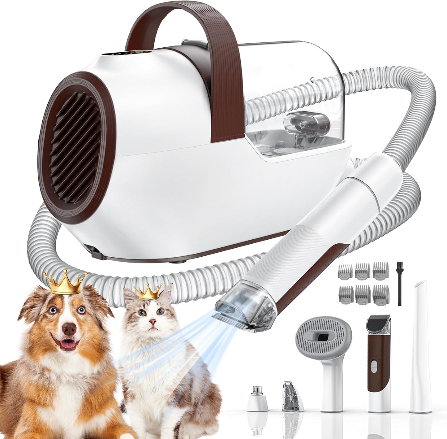 Ozumek dog grooming vacuum kit front view showing the mushroom color main unit and six accessories