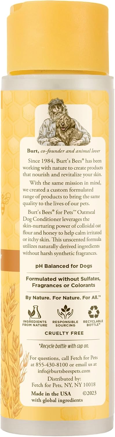 Burt's Bees for Pets conditioner bottle with natural ingredient icons