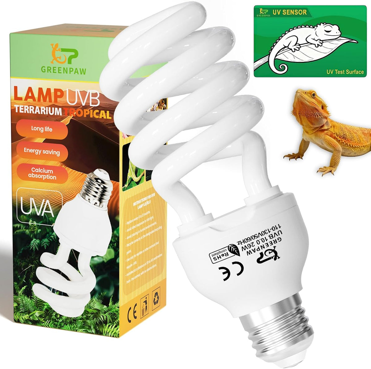 UVB Reptile Light 5.0: 15W Tropical & Subtropical UVA UVB Reptile Light Bulb, UVB Light for Reptiles Compact Fluorescent Terrarium Lamp,UVB Bulb for Chameleon Turtle Gecko Snake Include UV Sensor Card - Image 9