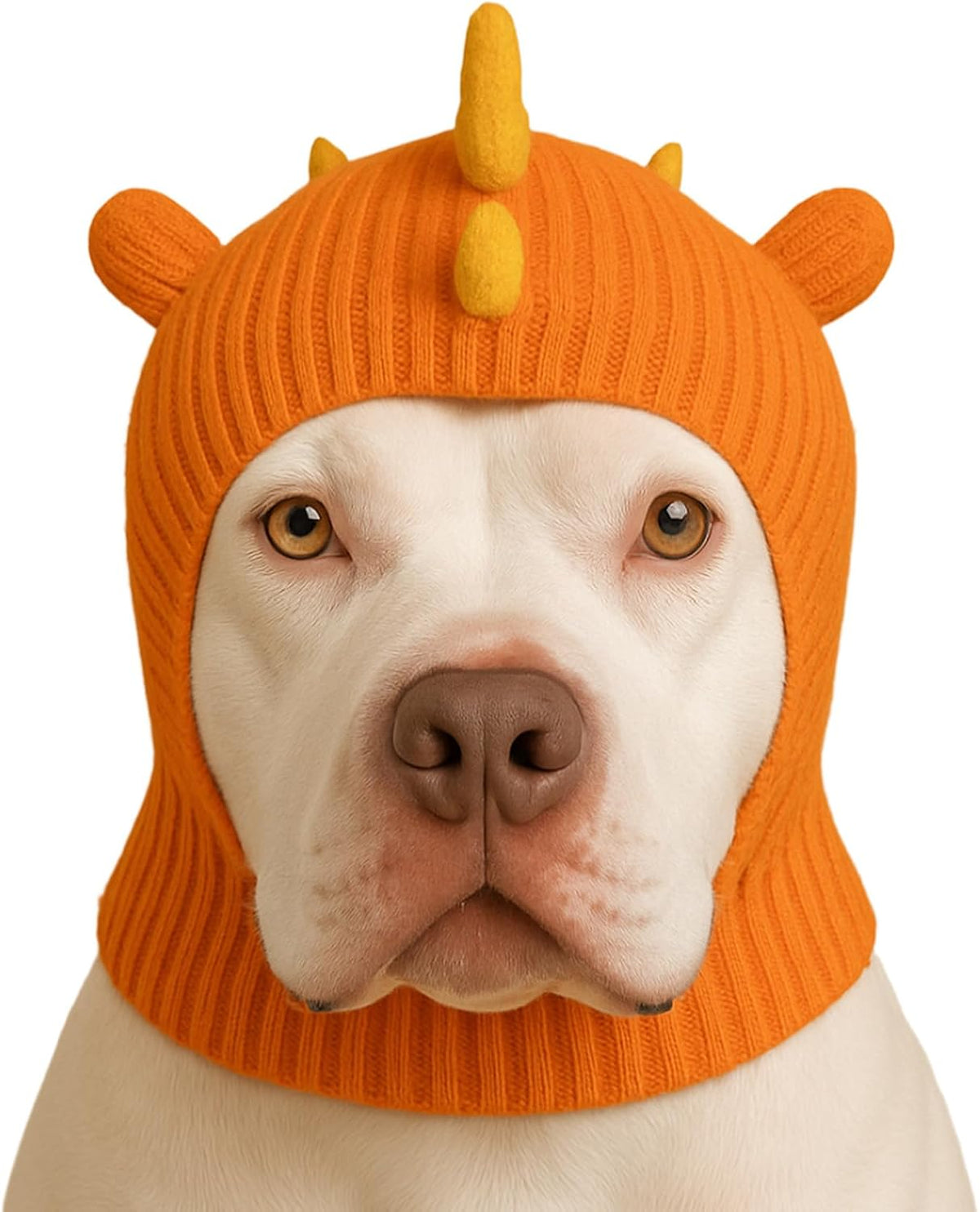 LovinPet orange dinosaur dog hat snood front view with spikes