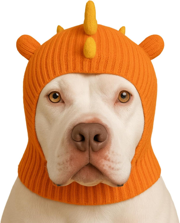 LovinPet orange dinosaur dog hat snood front view with spikes