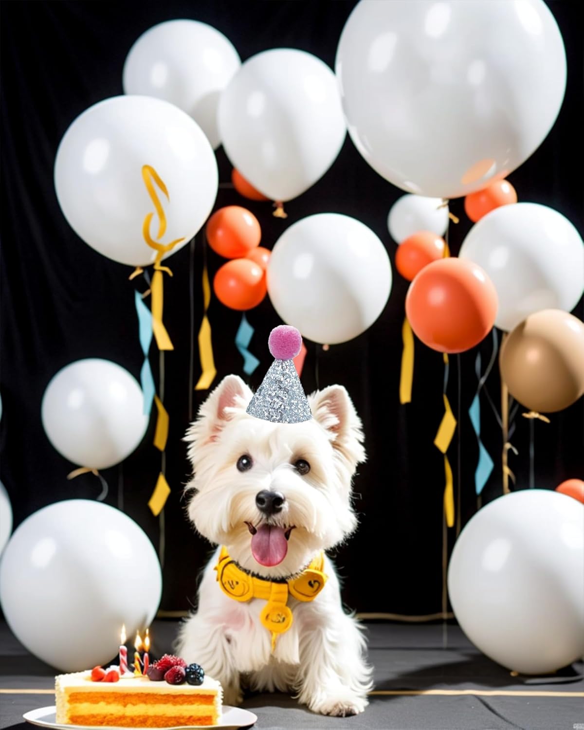 Puppy wearing a mini colorful birthday hat for celebration