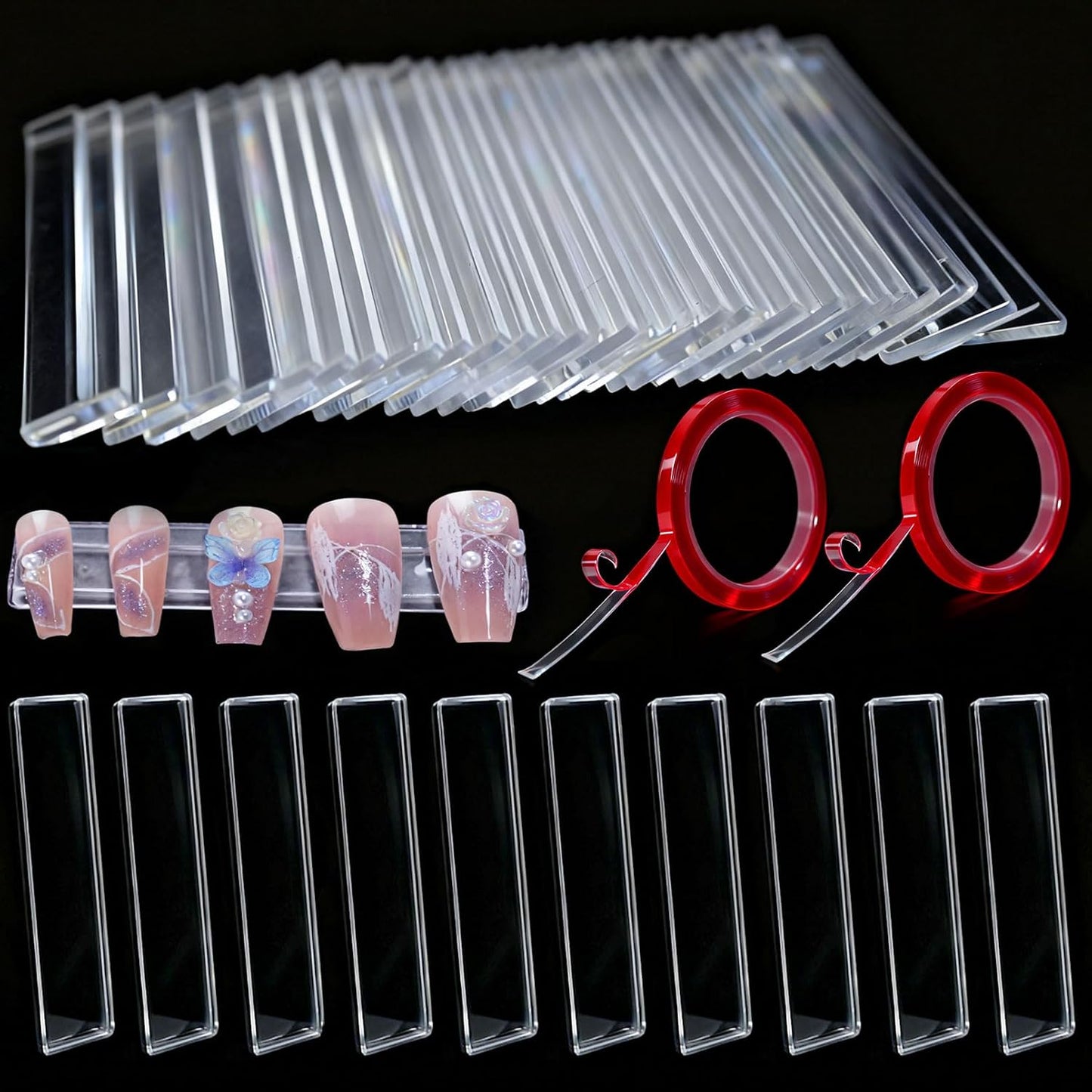 Xlehoely transparent acrylic nail art display stand pack showcasing crystal clear practice strips flat lay view