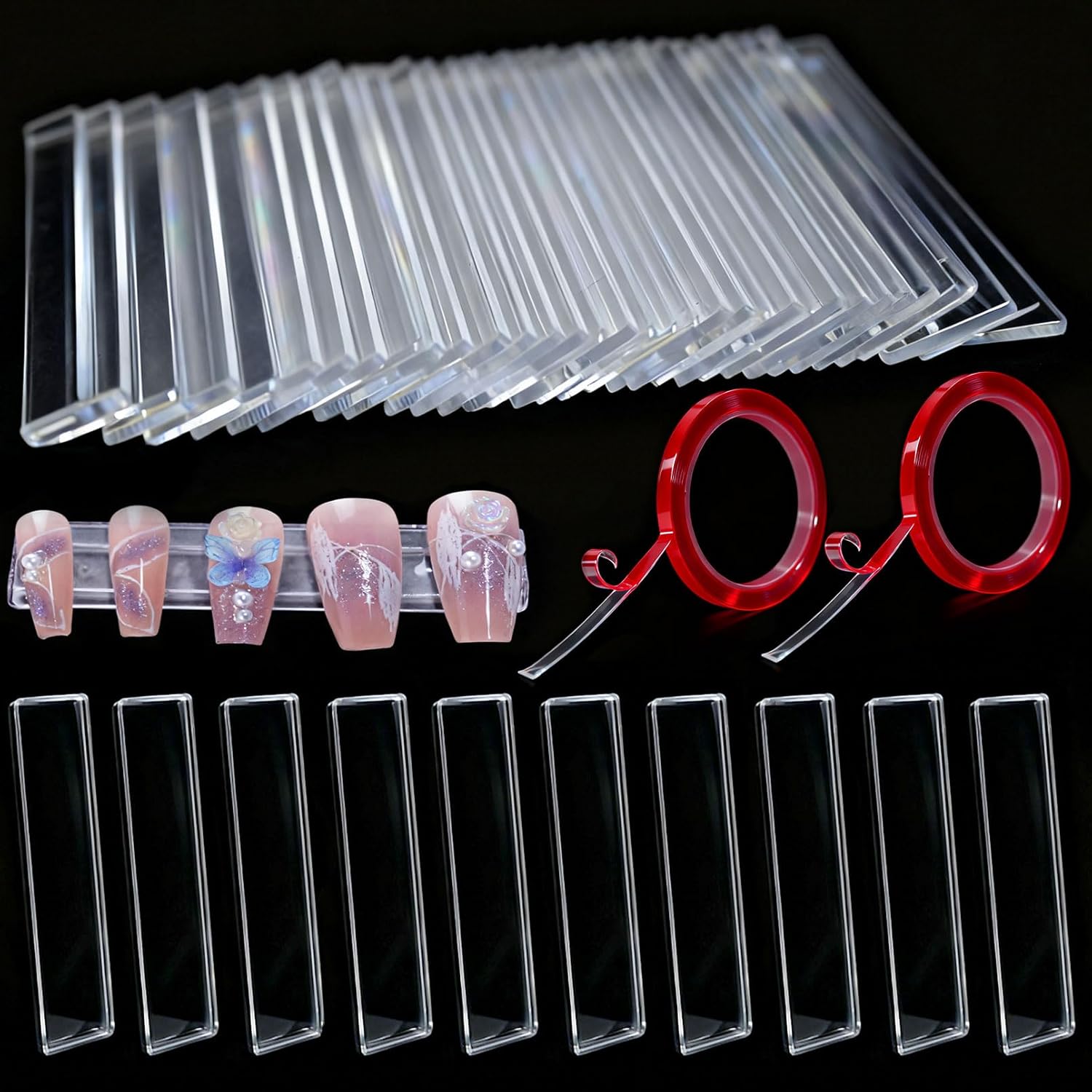 Xlehoely transparent acrylic nail art display stand pack showcasing crystal clear practice strips flat lay view