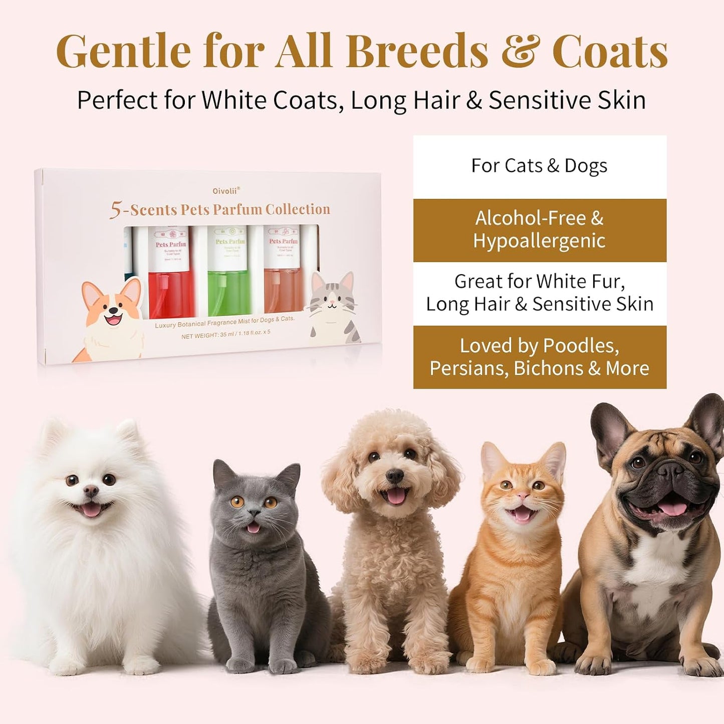 Oivolii zero alcohol pet grooming mist bottles displaying scent varieties