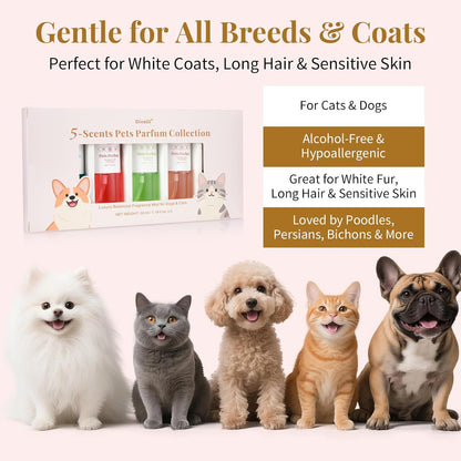 Oivolii zero alcohol pet grooming mist bottles displaying scent varieties
