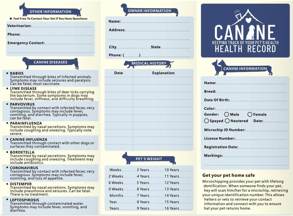 Canine health tracking booklet pack unfolded displaying dedicated sections for vaccine stickers and deworming schedules.