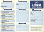 Canine health tracking booklet pack unfolded displaying dedicated sections for vaccine stickers and deworming schedules.