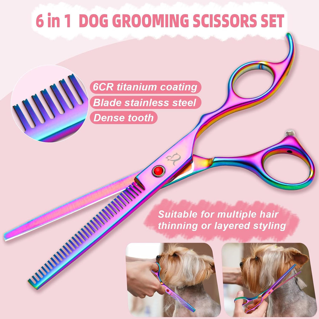 Nyutcwe six in one dog scissors set displaying the curved blades and ergonomic finger rings