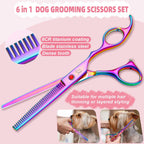Nyutcwe six in one dog scissors set displaying the curved blades and ergonomic finger rings