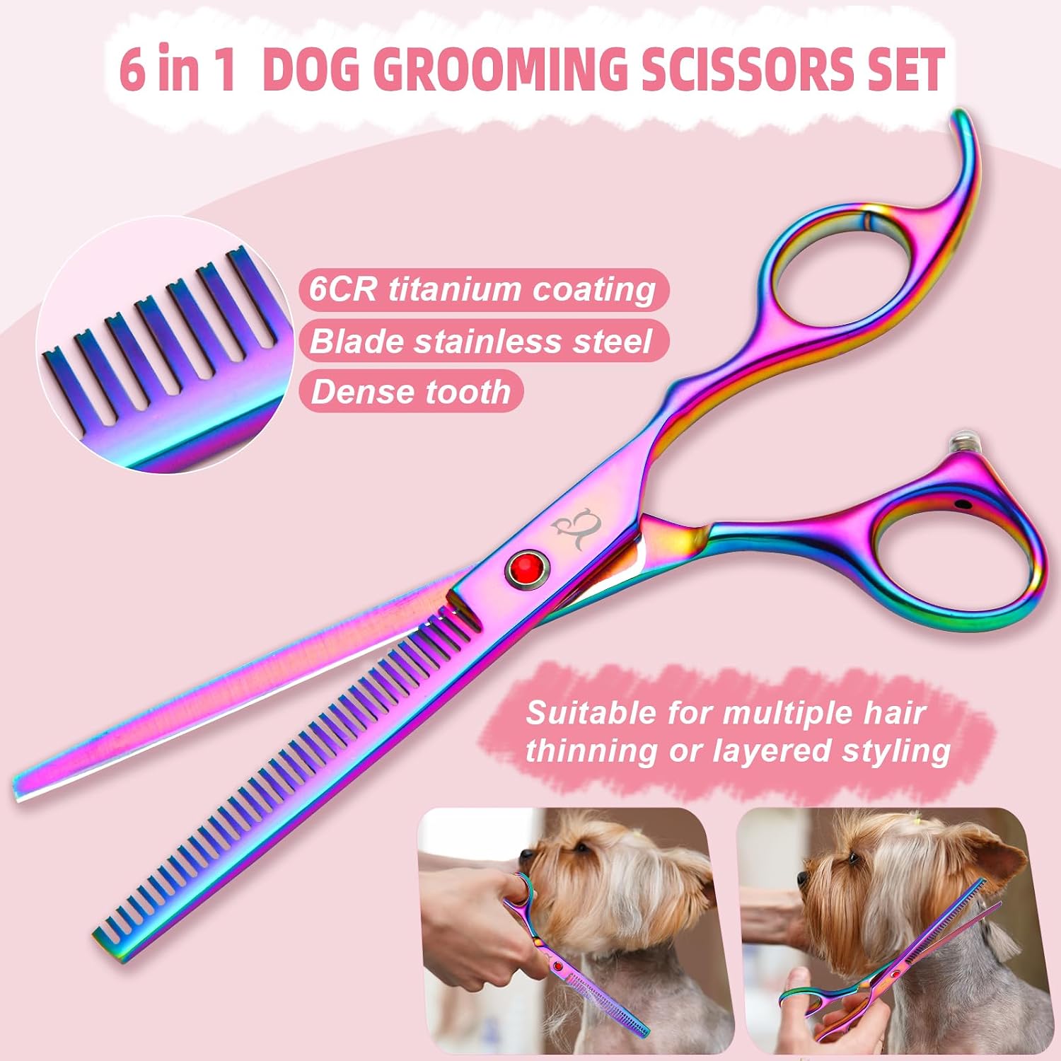 Nyutcwe six in one dog scissors set displaying the curved blades and ergonomic finger rings