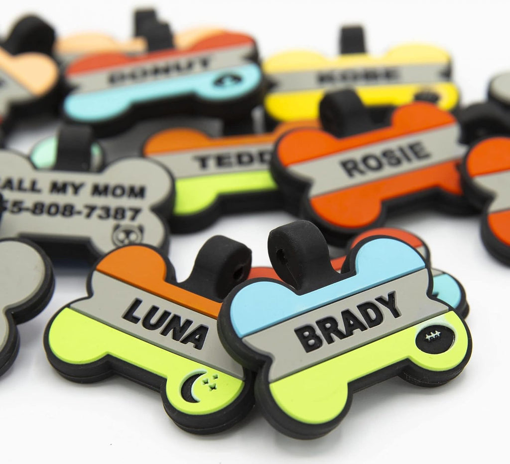 Durable rust proof pet ID tag bone design close up detail