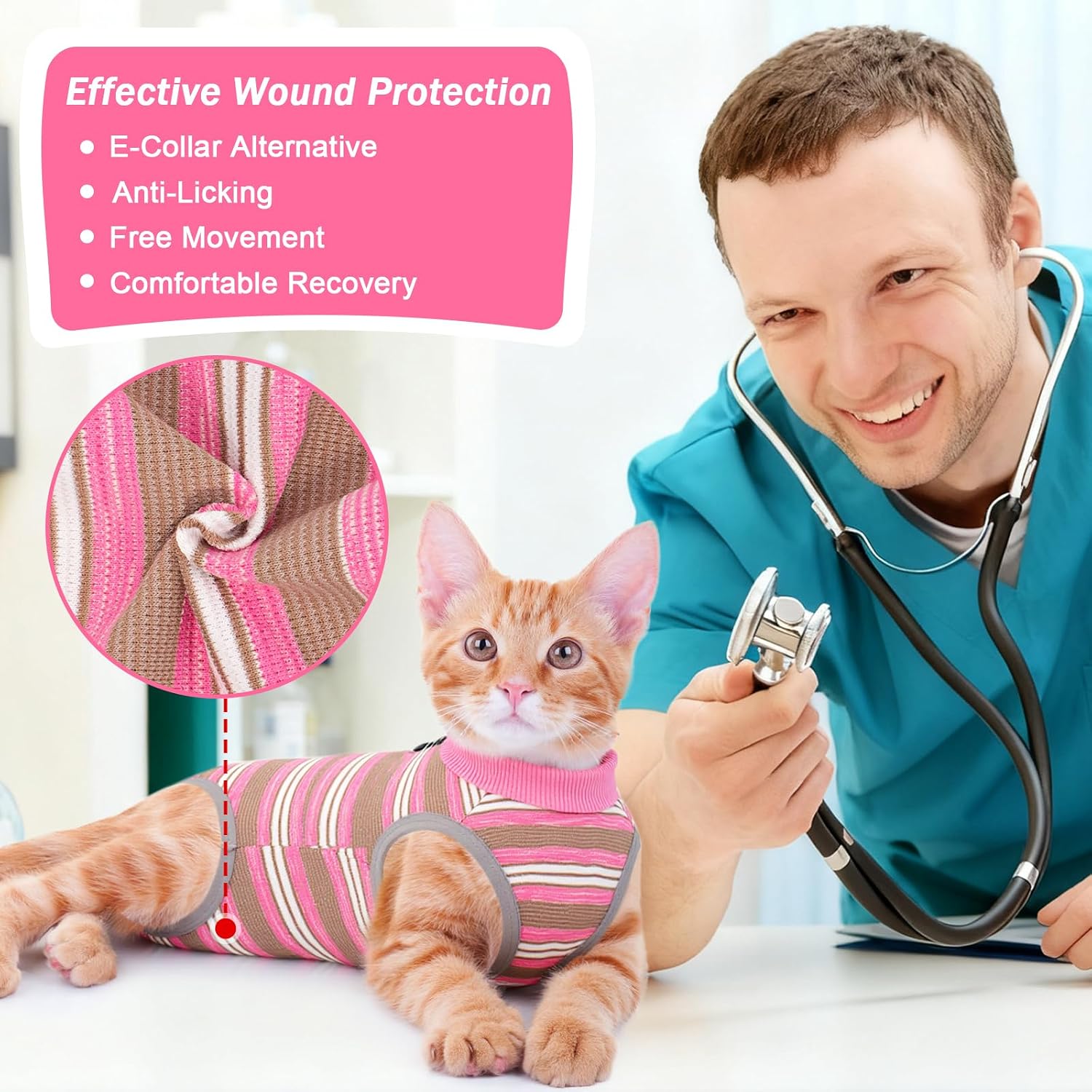Cat wearing striped surgery recovery suit side profile