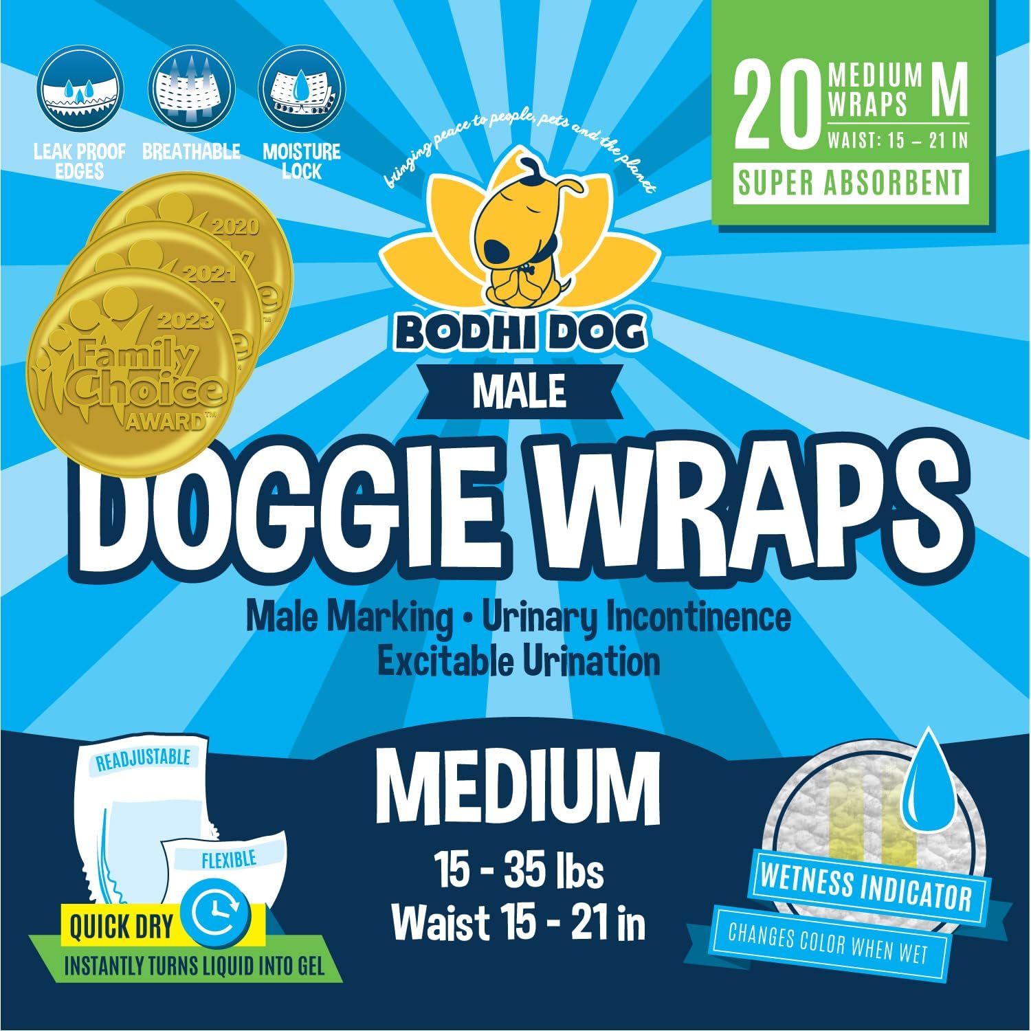 Bodhi Dog Disposable Male Dog Diapers front packaging view showing medium size twenty count