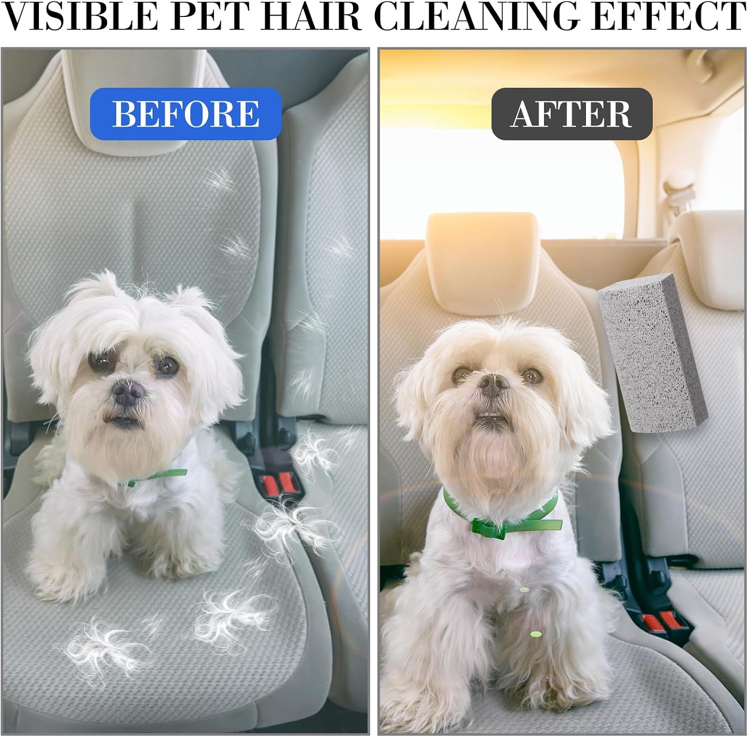 Handheld pumice stone removing dog hair from carpet