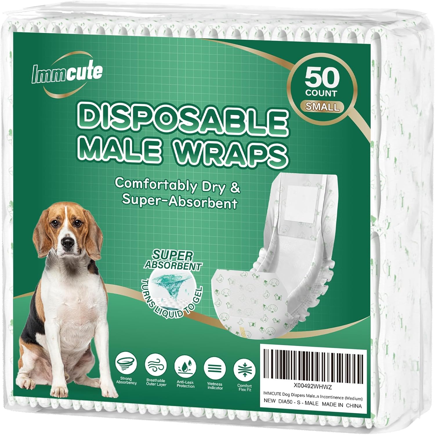 IMMCUTE disposable male dog diapers small fifty count front packaging view