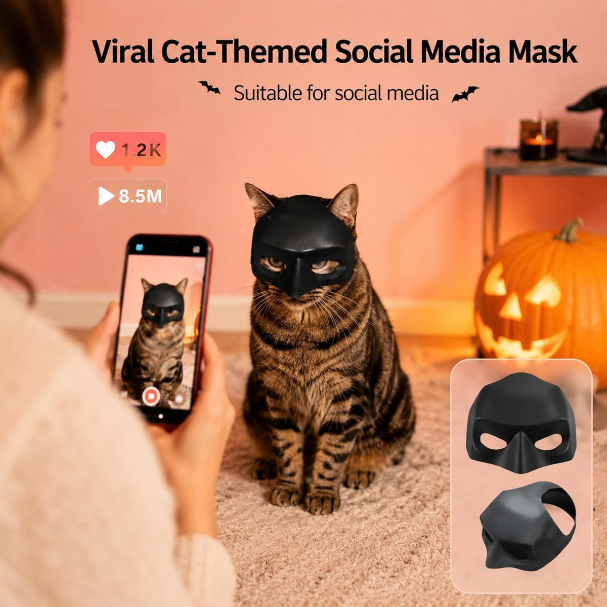Cat wearing funny superhero bat mask for Halloween party