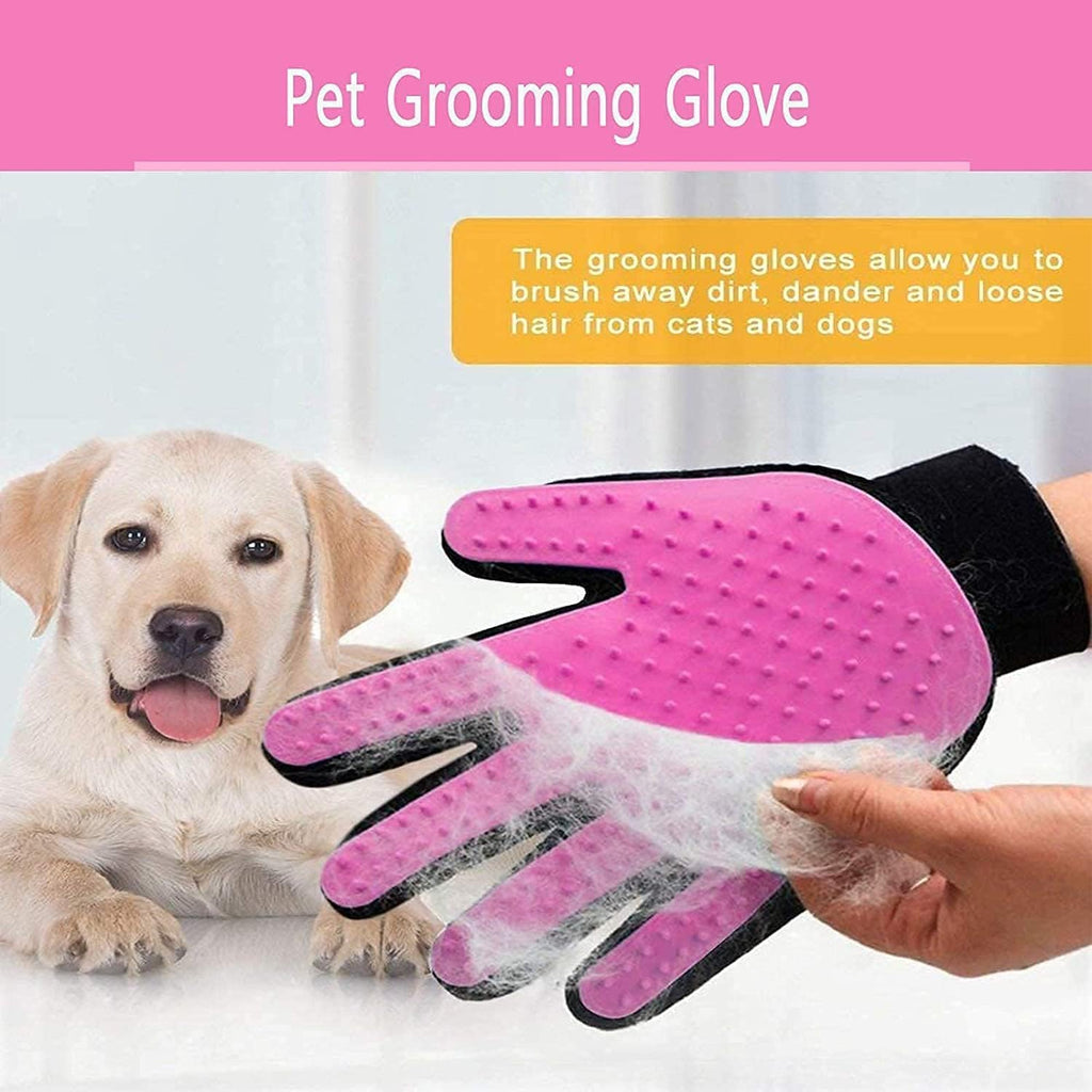 Five-finger pet hair remover mitt showing the breathable mesh backing and adjustable wrist strap