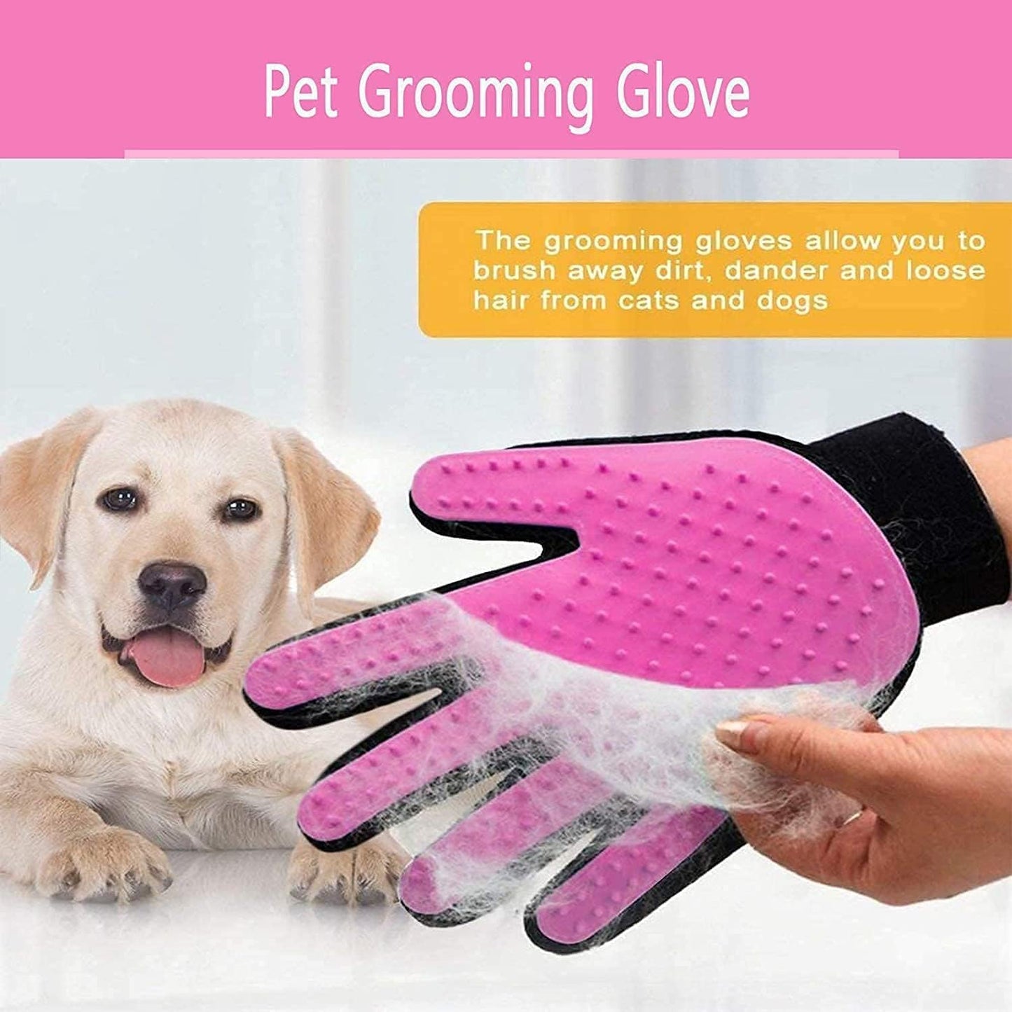 Five-finger pet hair remover mitt showing the breathable mesh backing and adjustable wrist strap
