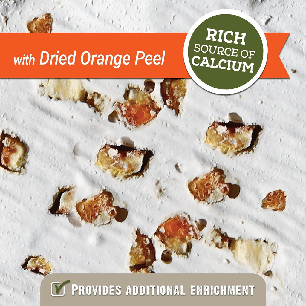 Hari bird calcium supplement block showing embedded orange peel pieces