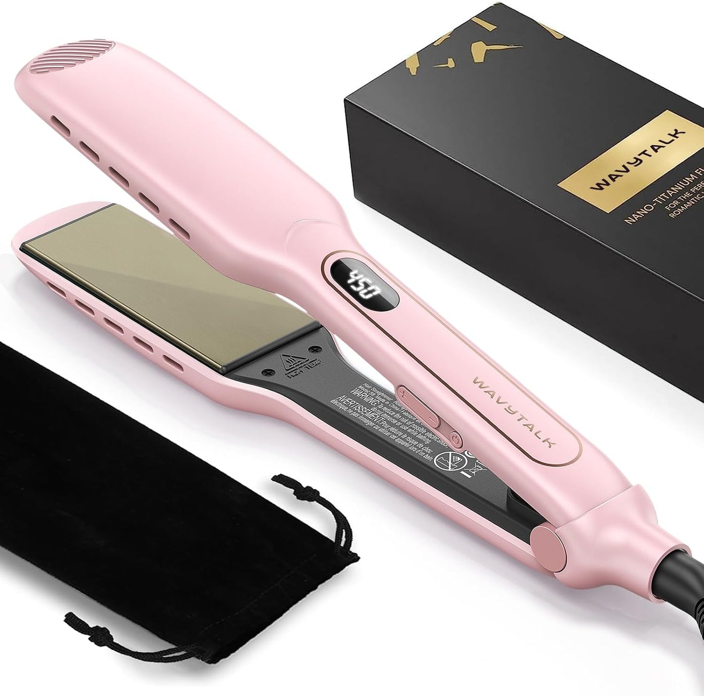 Wavytalk wet to straight hair straightener front view in pink
