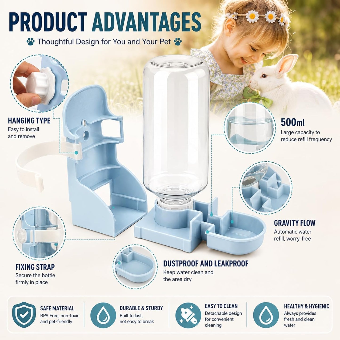 Rypet Rabbit Water Bottle No Drip - 17oz Hanging Water Fountain Automatic Dispenser Pet Cage Water Feeder for Bunny Chinchilla Guinea Pig Hedgehog Ferret Blue - Image 4