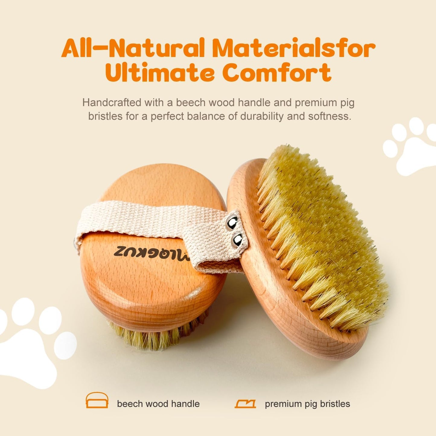 Beechwood palm held dog brush featuring adjustable canvas hand strap