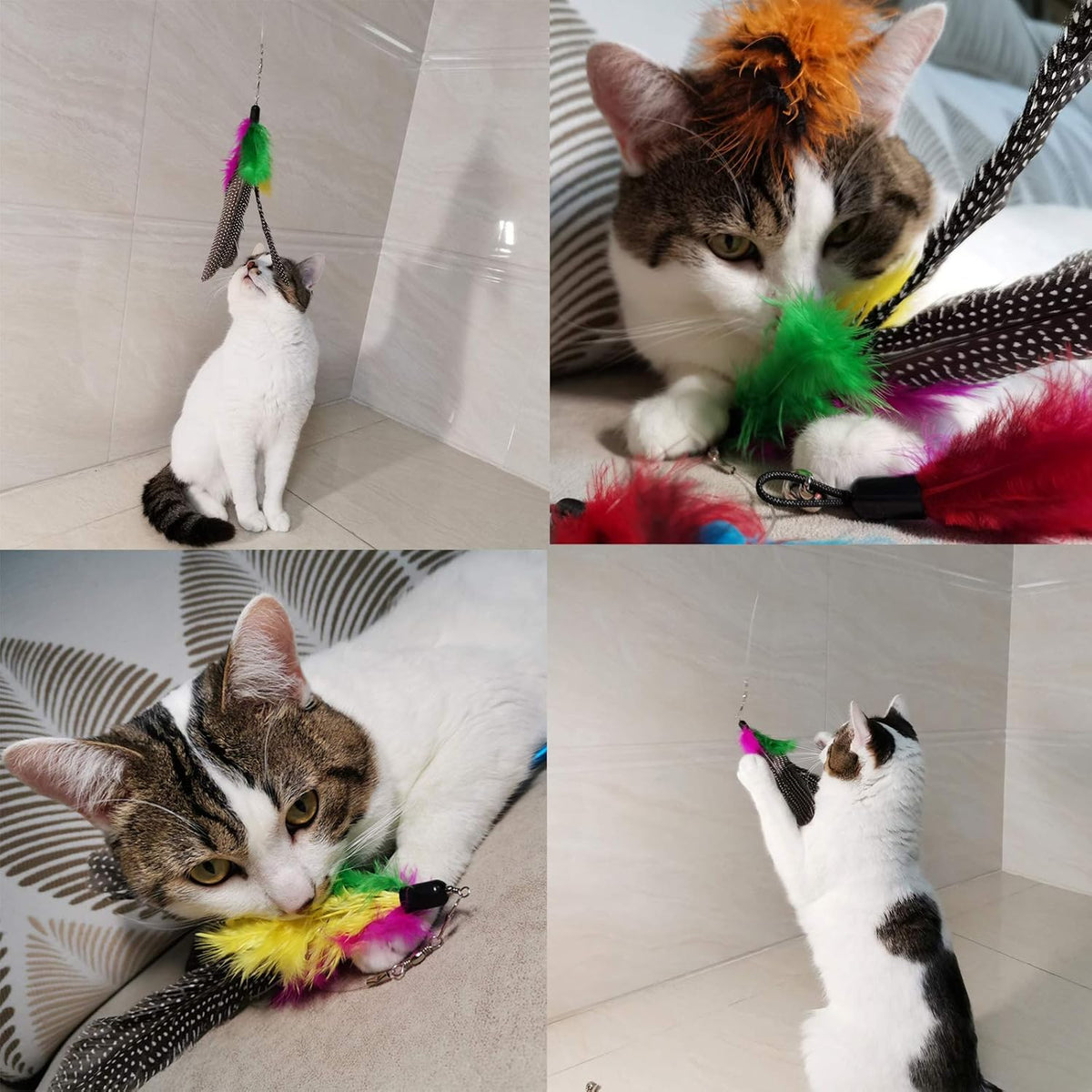 Close-up view of interactive cat wand replacement attachments showing natural feathers and safety metal clips.