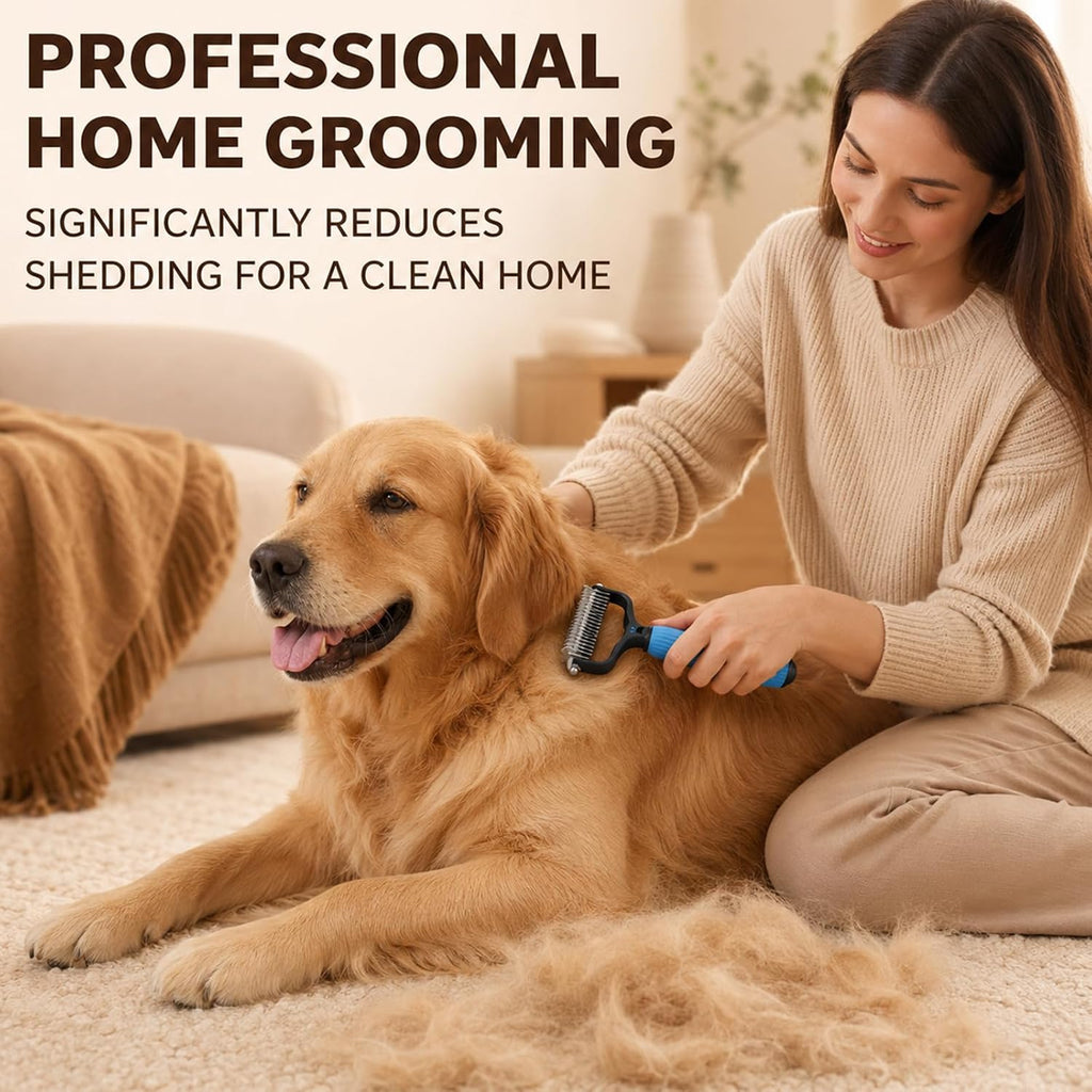 Dual action head pet grooming tool breaking up mats on a cat coat