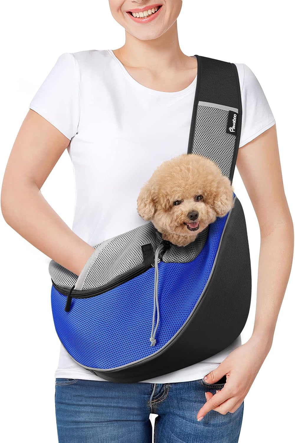 Pawaboo Pet Dog Sling Carrier, Hand Free Drawstring Dog Papoose with Adjustable Strap, Breathable Mesh Bag for Puppy Cat, Crossbody Satchel Dog Purse with Pocket for Outdoor, Dark Gray+Black, Medium - Image 10