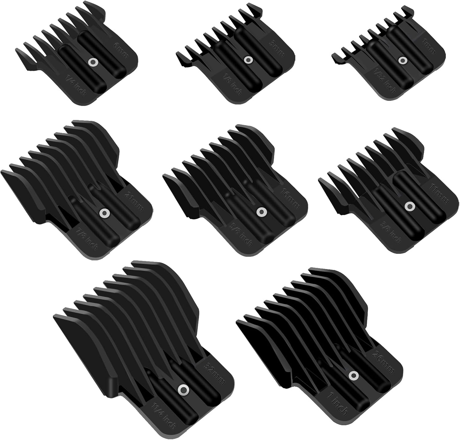 CR8GR8 universal hair clipper guards set front view displaying eight black nylon attachment combs arranged by size
