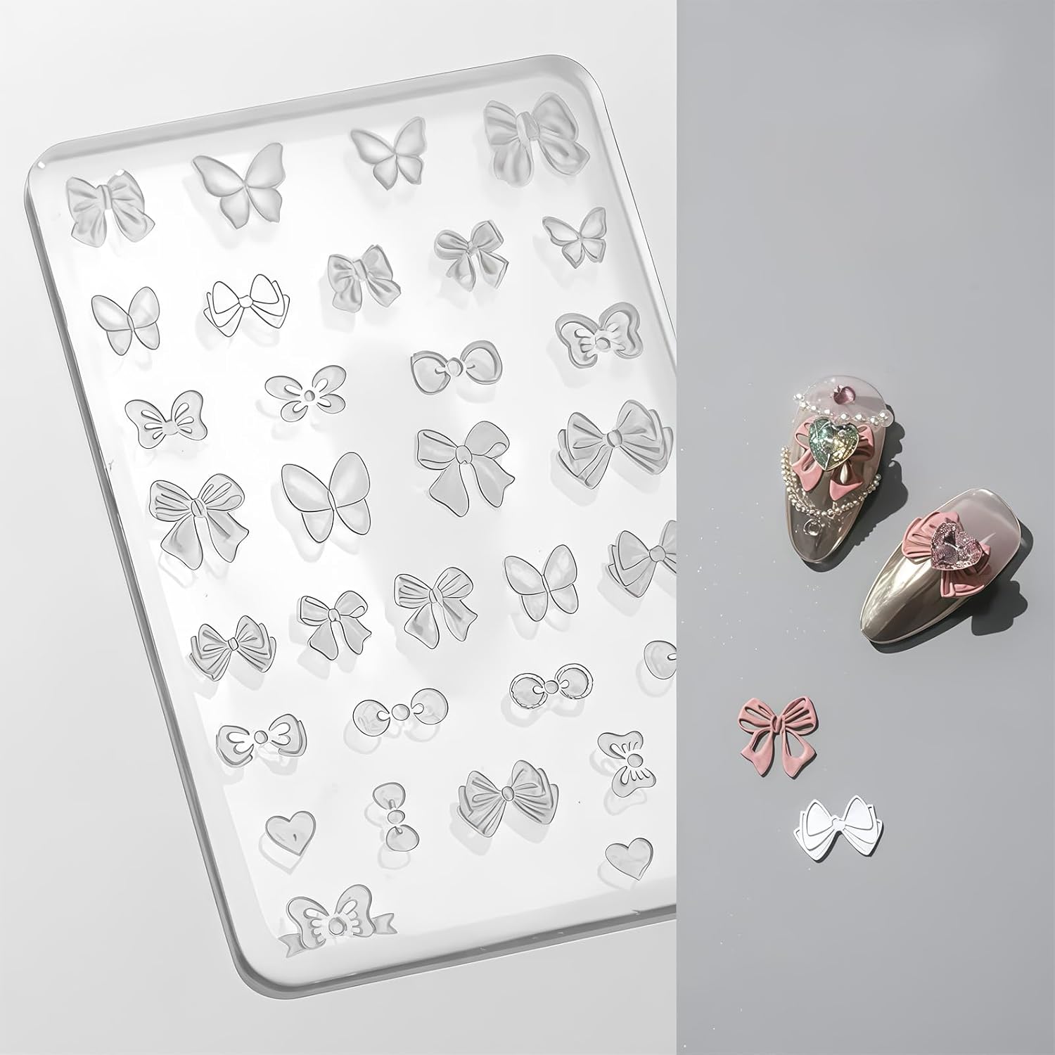KINGNAME 3D bow nail art silicone mold front view showing transparent butterfly knot templates