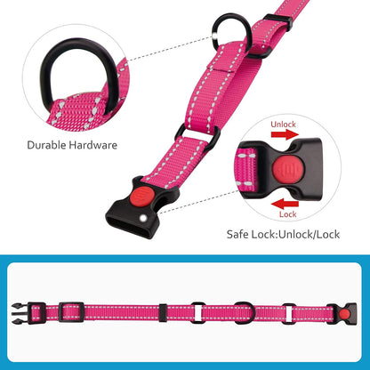 Hot pink reflective martingale collar with safety locking buckle close up