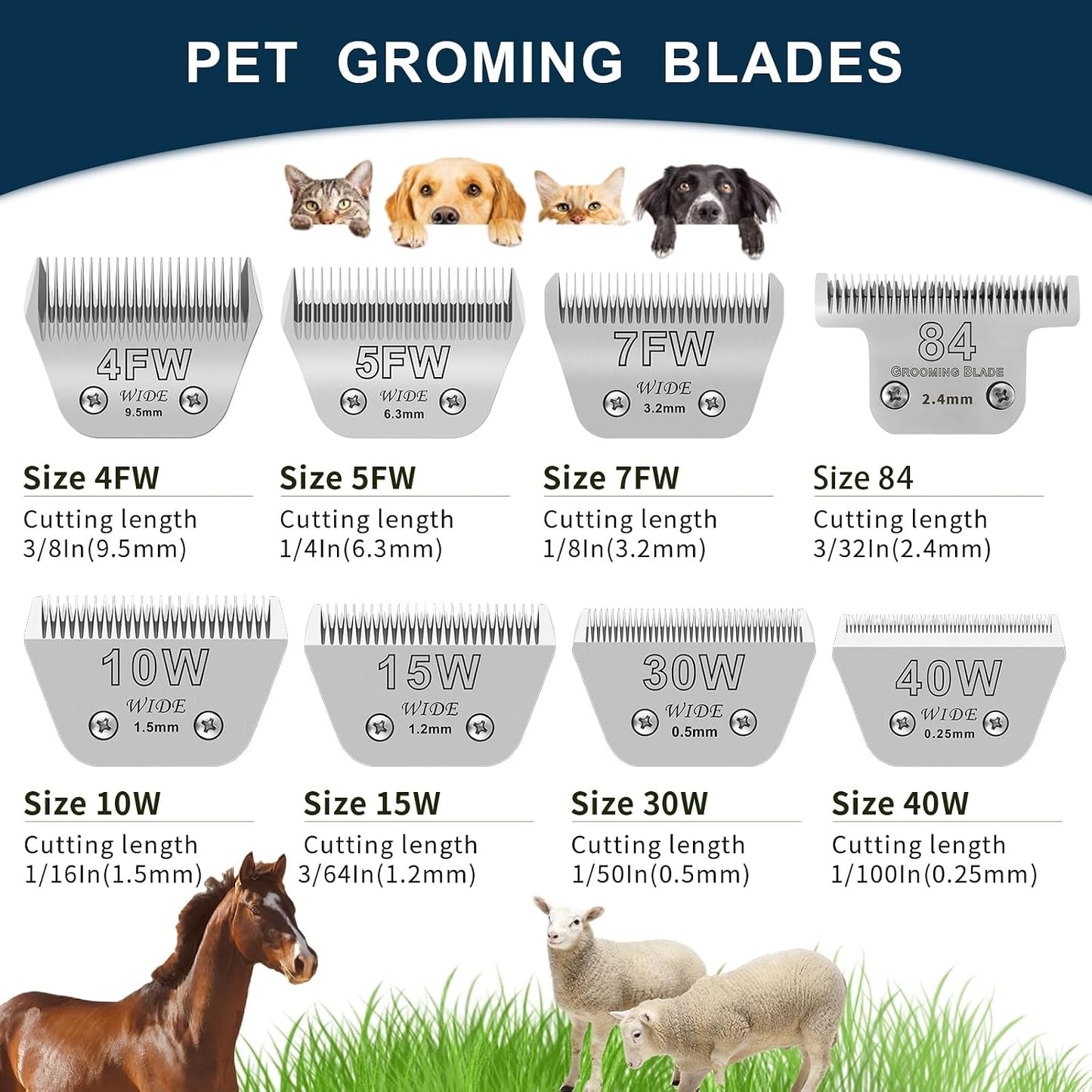 YAZIYIR professional wide pet grooming blade packaging showing the 1.5mm length specifications