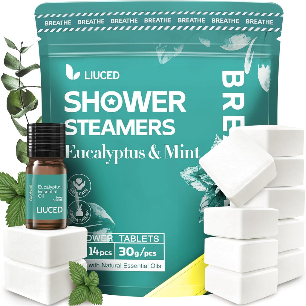 LIUCED 14+1 shower steamers aromatherapy packaging front view showing eucalyptus and mint branding