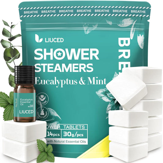 LIUCED 14+1 shower steamers aromatherapy packaging front view showing eucalyptus and mint branding