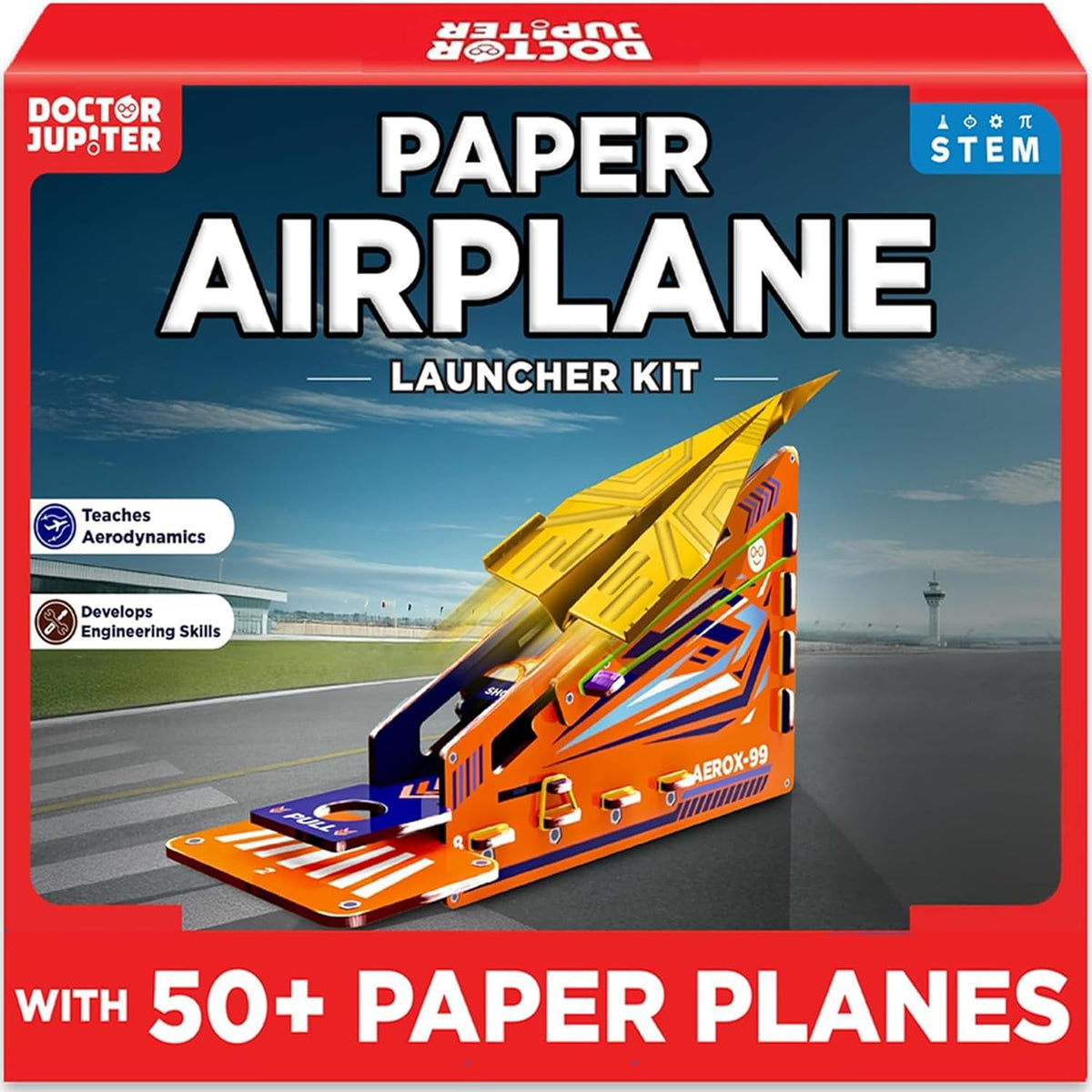Doctor Jupiter Paper Airplane Book Kit front view showcasing the packaging box and educational STEM branding.