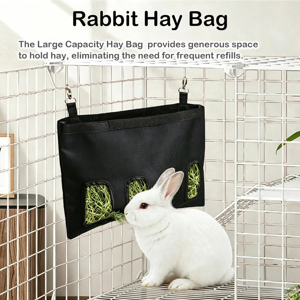 Rabbit Hay Feeder - Large Capacity Oxford Cloth Hanging Hay Bag - 4 Holes - 1 Pcs (Black) - Image 2