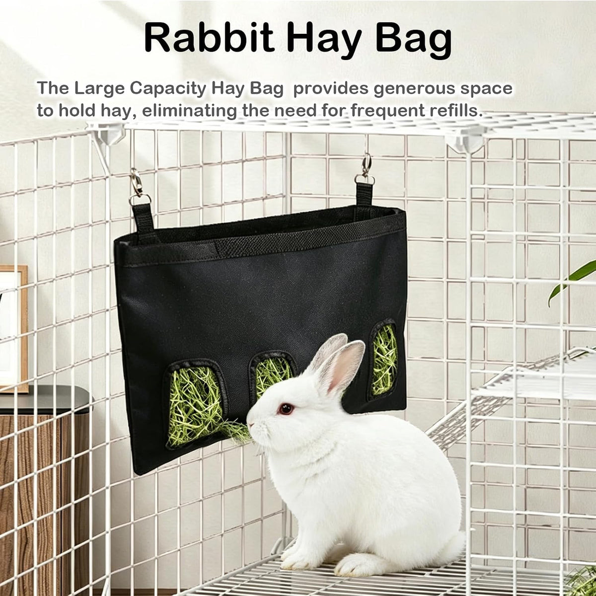 Rabbit Hay Feeder - Large Capacity Oxford Cloth Hanging Hay Bag - 4 Holes - 1 Pcs (Black) - Image 2
