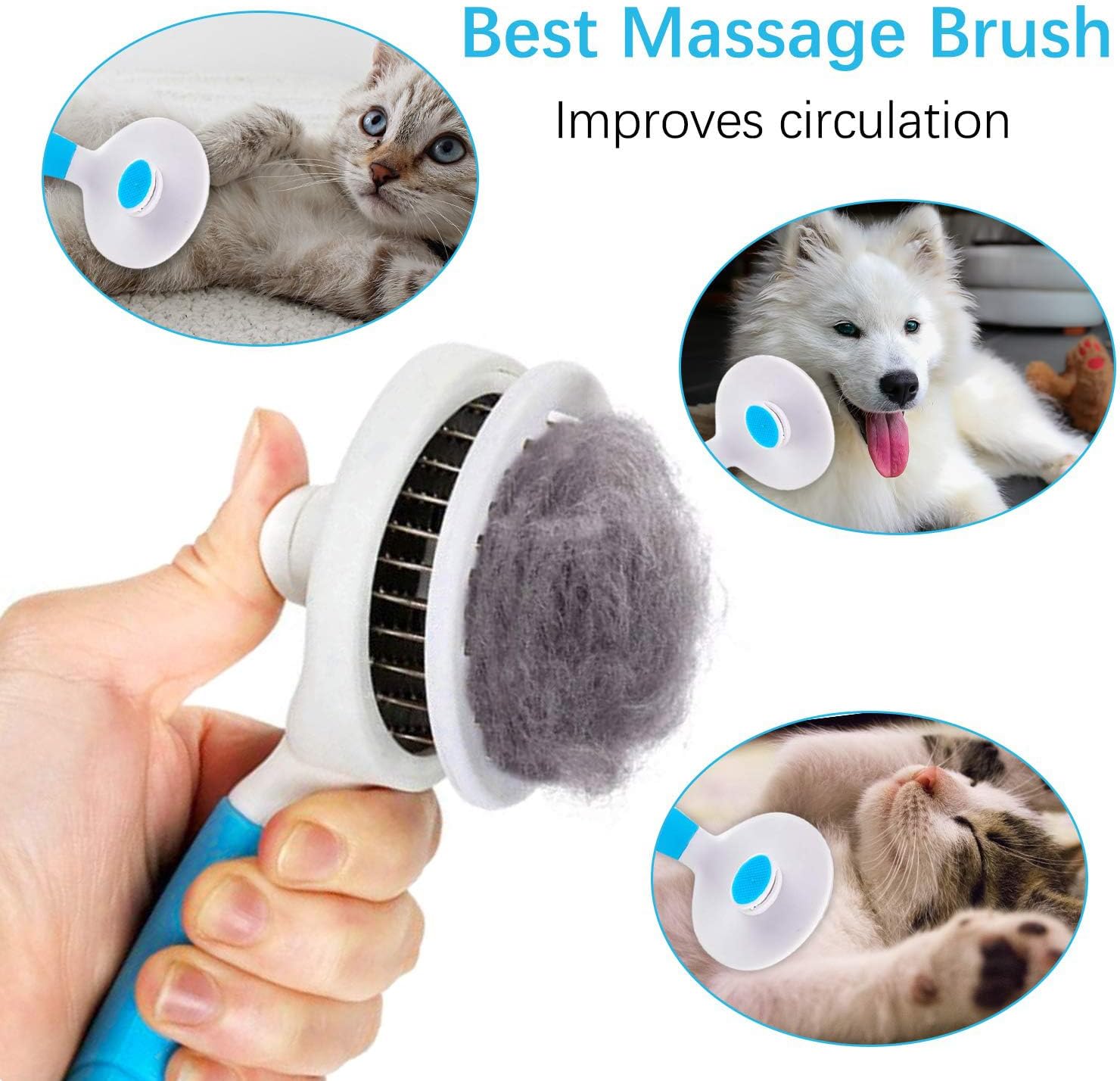 Ergonomic non slip rubber handle of blue itPlus dog shedding brush