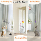 Soarer cat toy retractable fishing pole wand extended with attached colorful feather and bell.