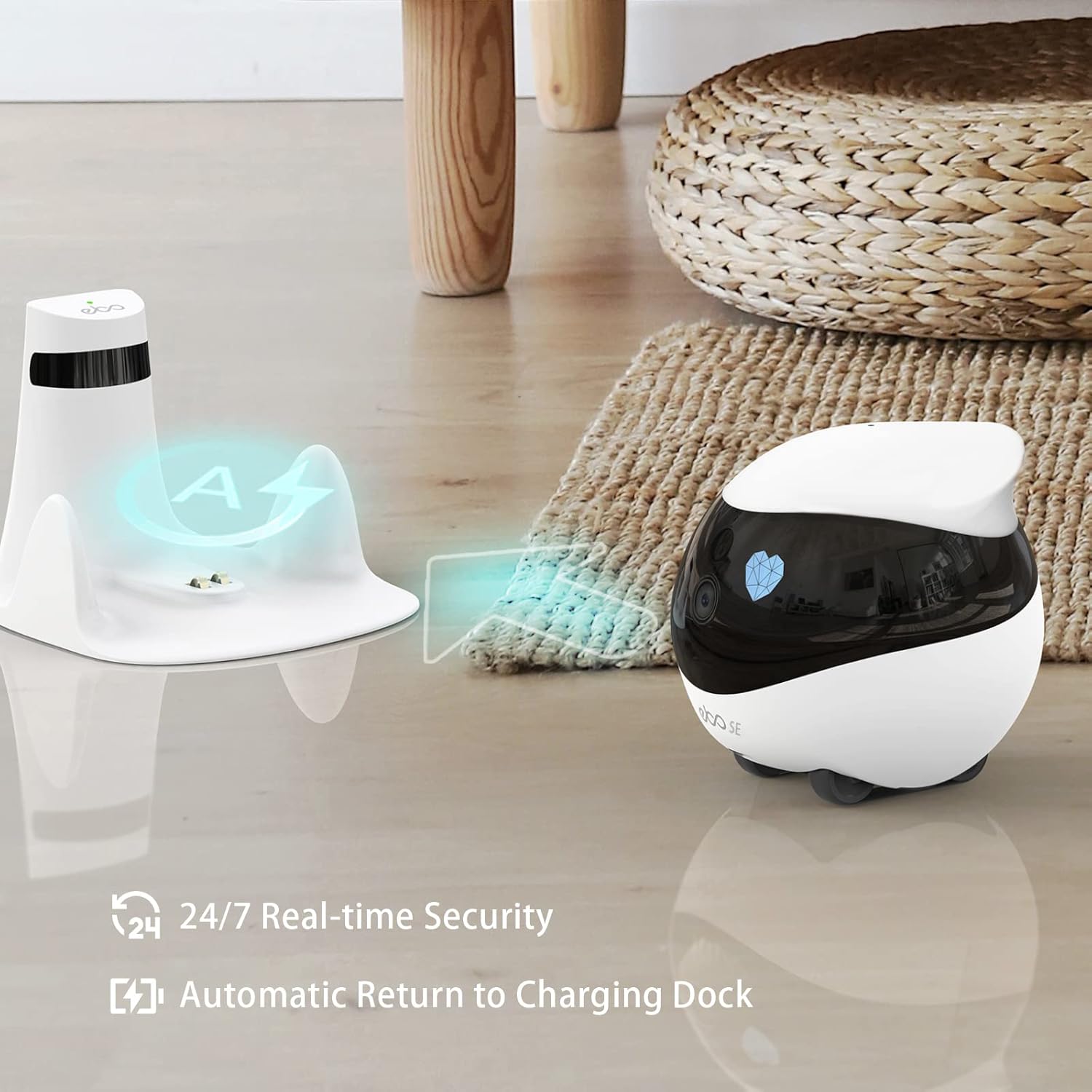 Enabot wireless indoor monitor displaying its infrared night vision capabilities in a dark bedroom setup.