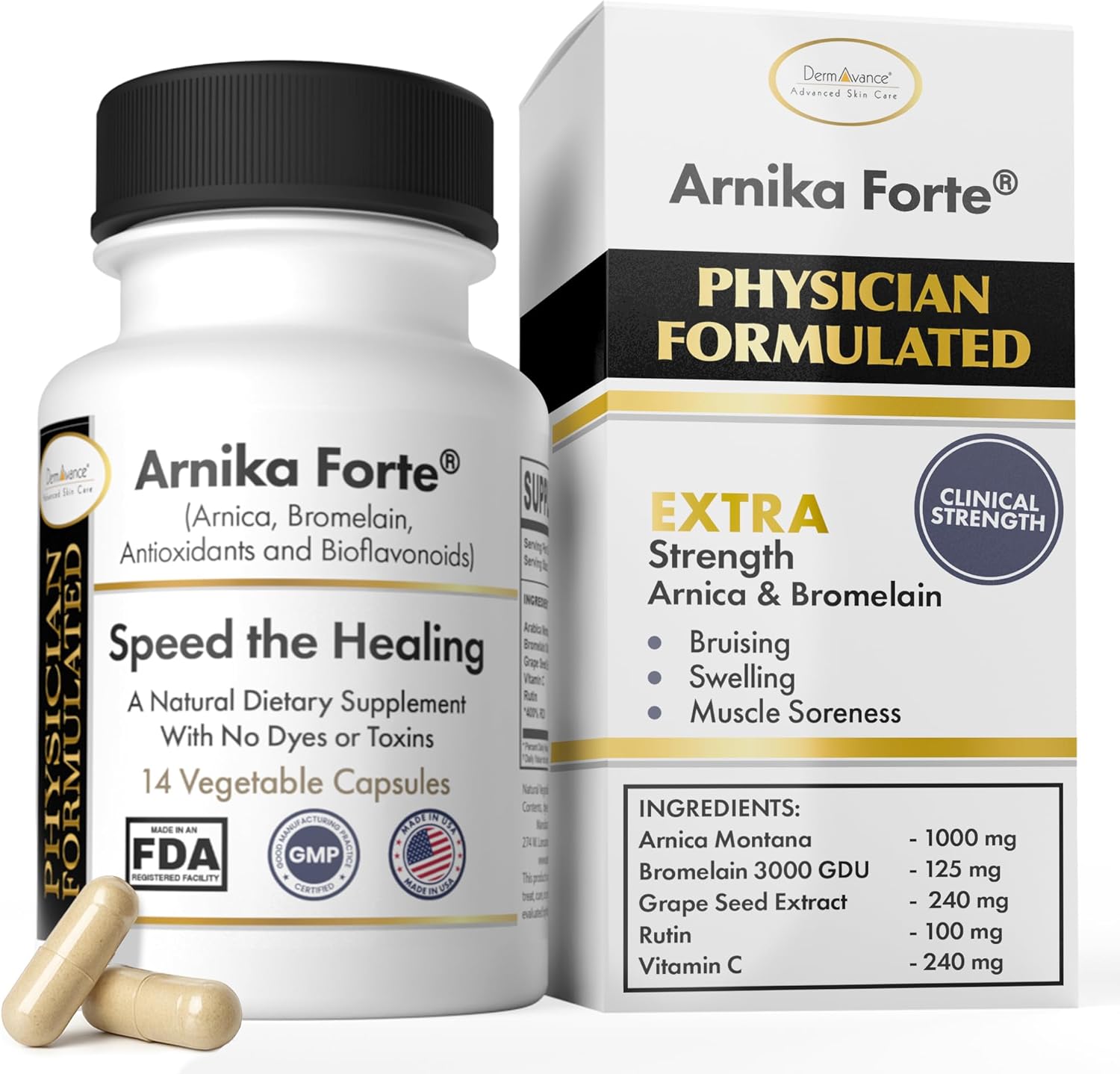 DermAvance Arnika Forte capsules bottle front view for surgery recovery