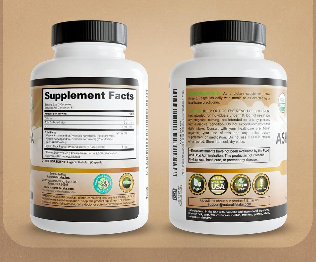 NaturaLife Labs Organic Ashwagandha 2100 mg per Serving - Full Spectrum Root Powder and Standardized Extract (Withanolides) - 100 Capsules - Vegan - Non-GMO, Gluten-Free - Image 7