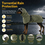 Rynvale Studio full coverage pet raincoat showing reflective trim safety feature