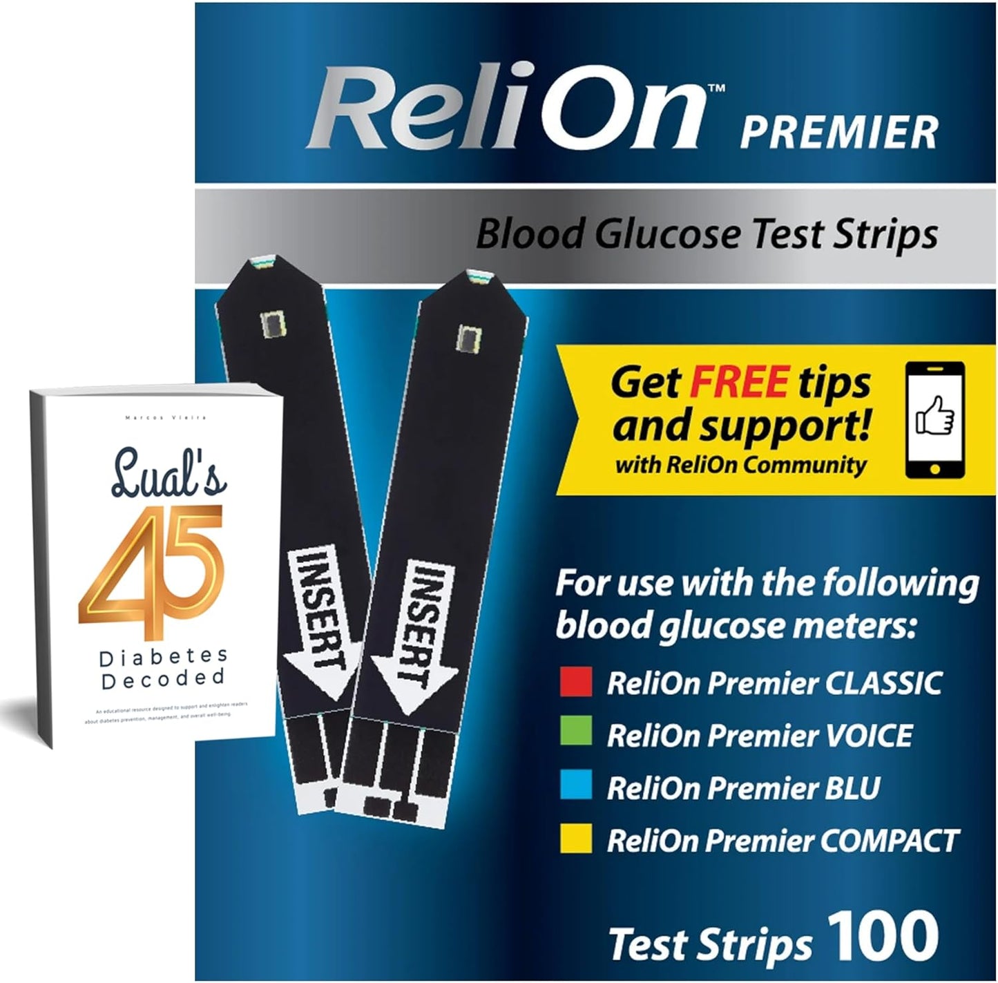 LUAL Premier blood glucose test strips 100 count box front view showing diabetes care monitoring supplies.